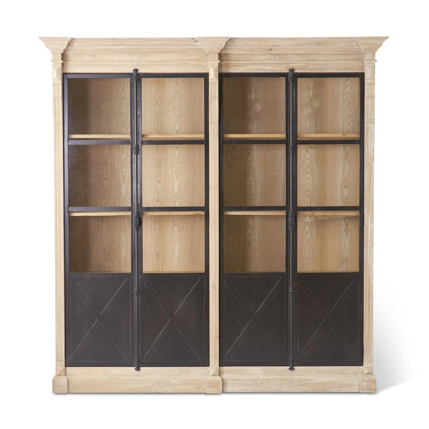 4 Door Light Pine Wood & Black Metal Cabinet