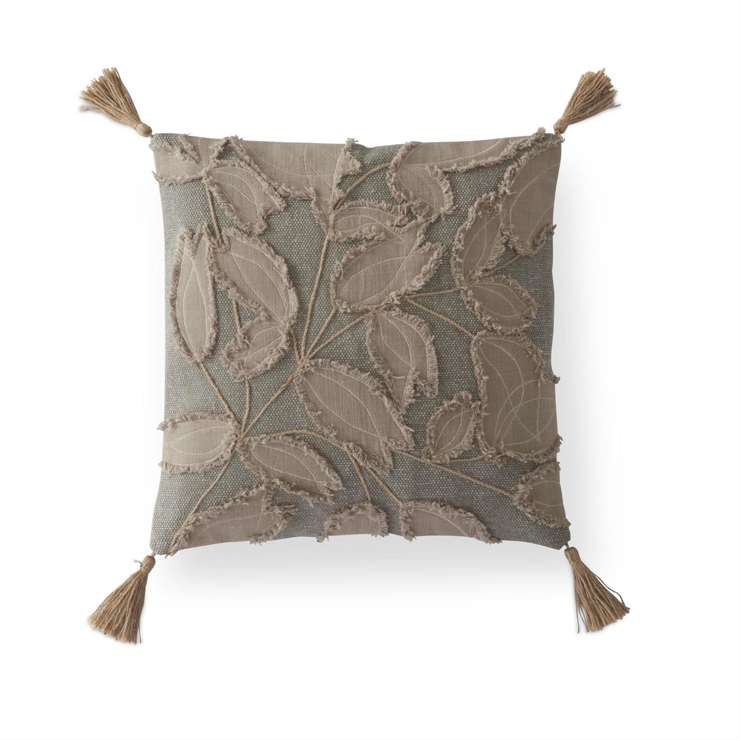 Gray Pillow w/Taupe Leaf Emb.Applique & Tassels
