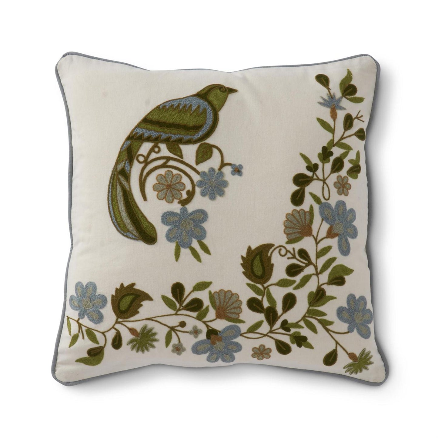 Blue/Green Embroidered Floral & Bird Pillow
