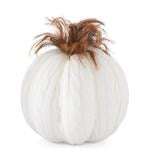 White Cable Knit Pumpkin w/Wood Stem & Feathers