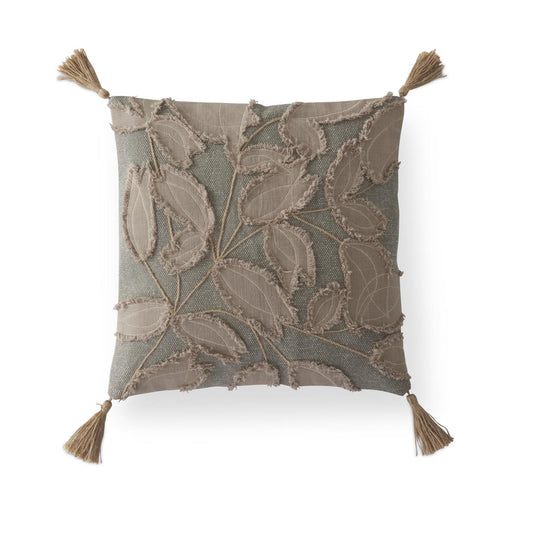 Gray Pillow w/Taupe Leaf Emb.Applique & Tassels