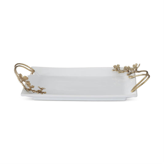 White Ceramic Rect.Tray w/Gold Metal Floral Handles