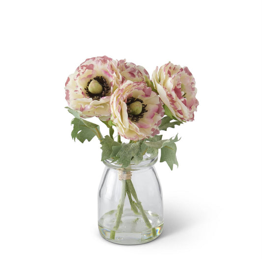 White w/Pink Ranunculus Premade in Glass Vase