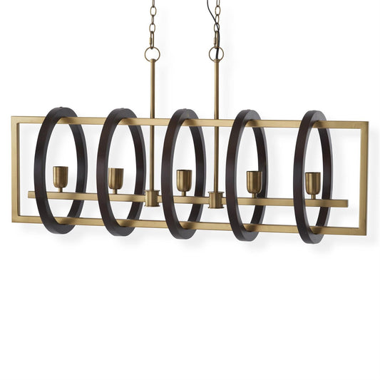 Antique Brass & Dark Wood 5 Ring Chandelier