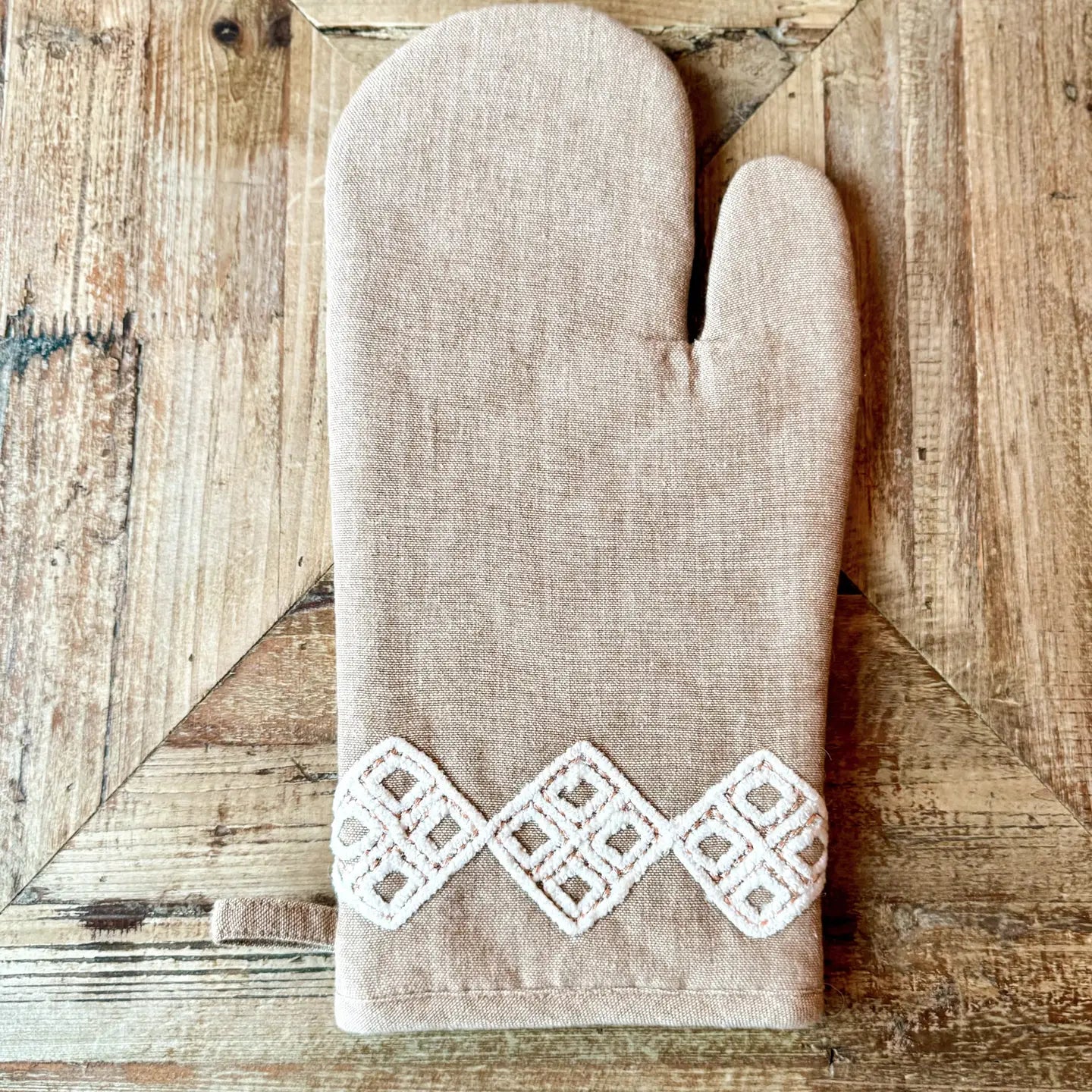 Natural Embroidered  Oven Mitt