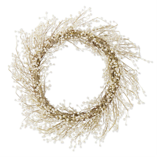 Gold Glittered Twig Wreath w/Pearls on Vine Base