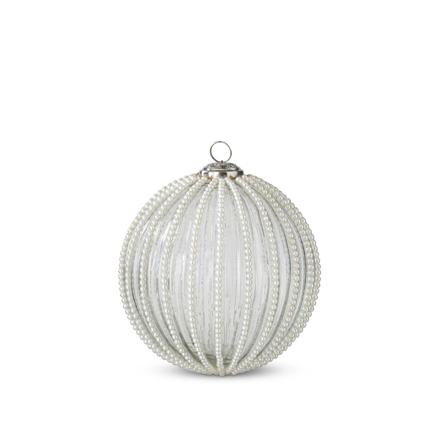 Round Clear Glass w/Wired White Beaded Stipes