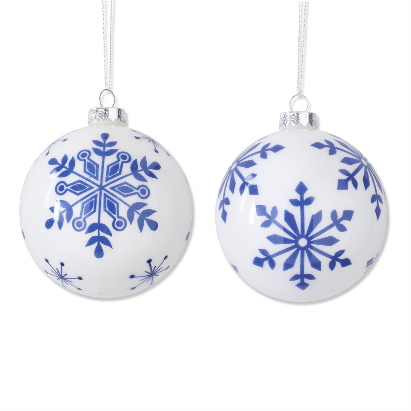 Assorted White w/Blue Snowflake Glass Rnd. Ornaments 4.25"