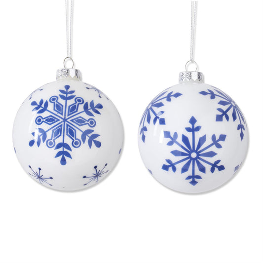 Assorted White w/Blue Snowflake Glass Rnd. Ornaments 4.25"
