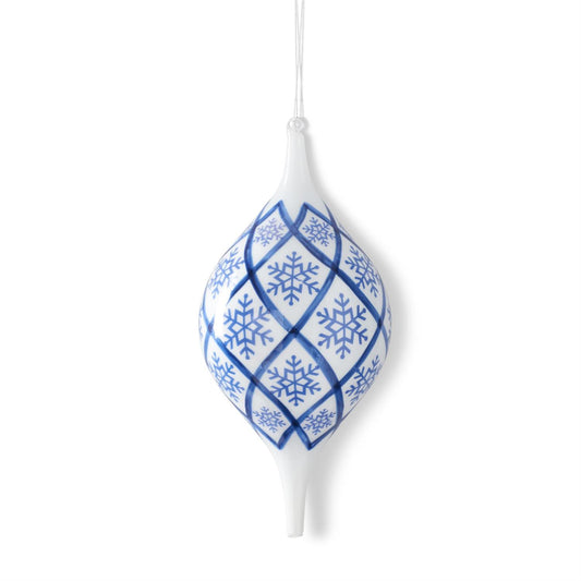 White Ceramic Blue Snowflake Finial Ornament 13"