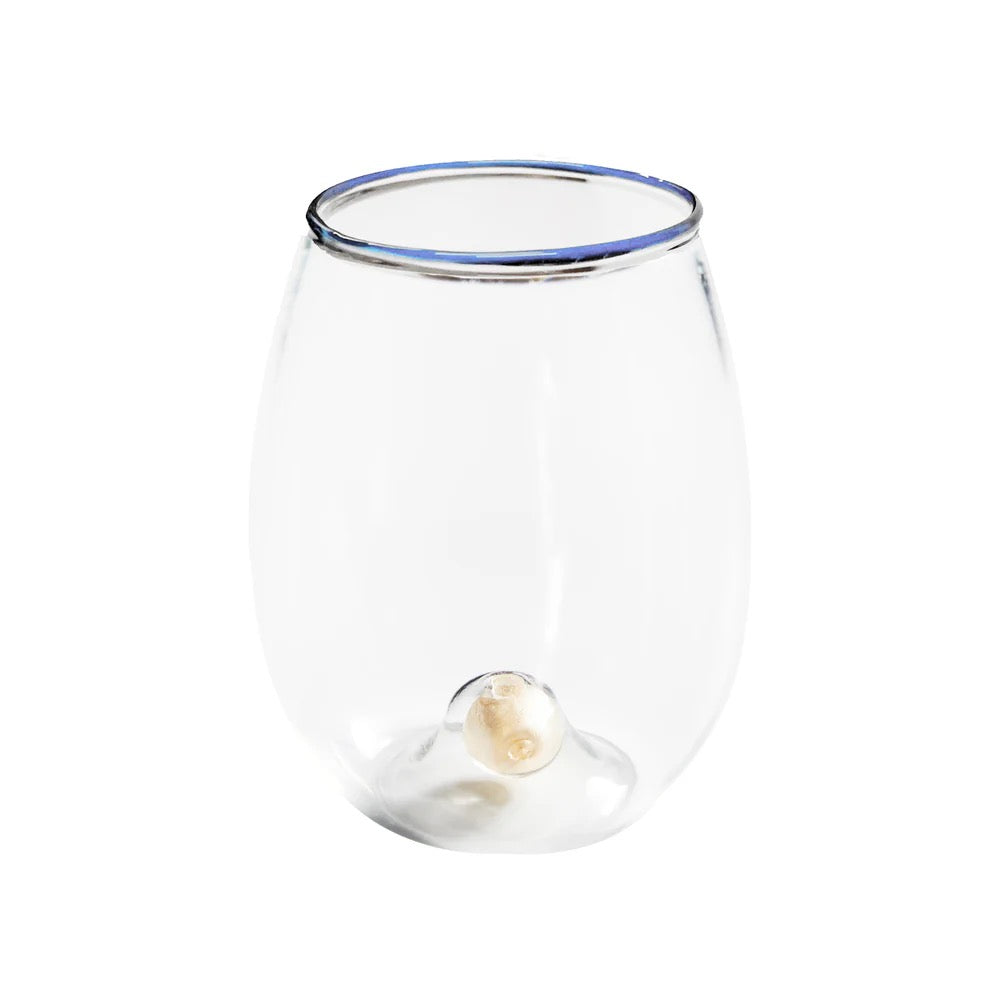 Golden Globe Stemless Wine Glass w/Blue Trim