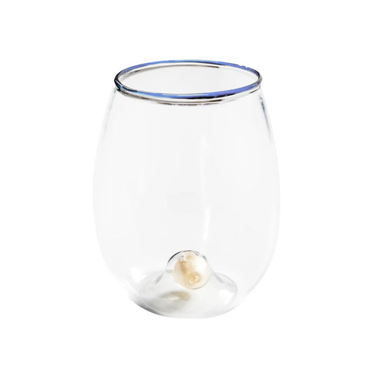Golden Globe Stemless Wine Glass w/Blue Trim