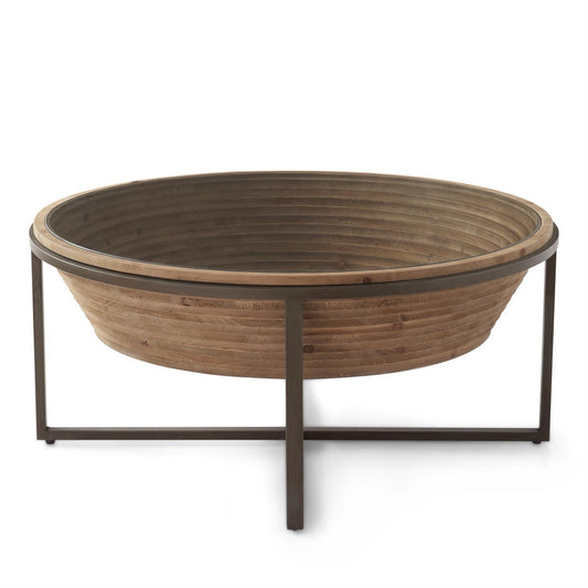 Brown Metal & Wood Funnel w/Glass Display Coffee Table