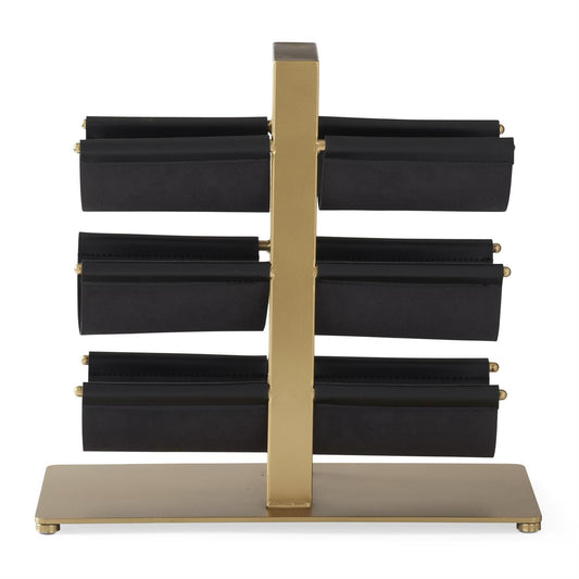 Black Faux Leather & Brass Wine Bottle Rack