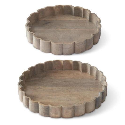 Whitewashed Round Wood Scalloped Edge Tray LG
