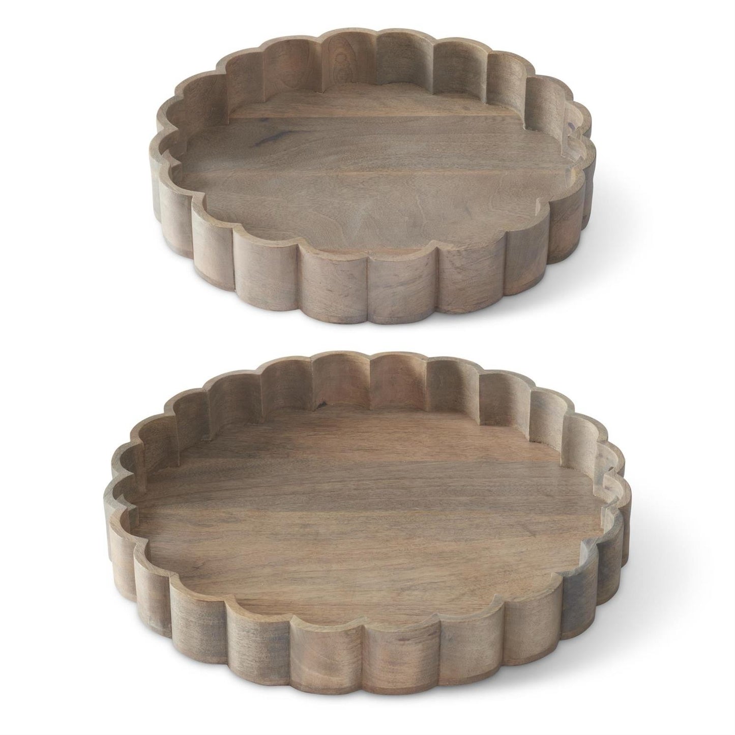 Whitewashed Round Wood Scalloped Edge Tray Sm