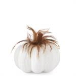 White Cable Knit Pumpkin w/Wood Stem & Feathers