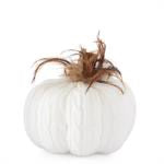 White Cable Knit Pumpkin w/Wood Stem & Feathers