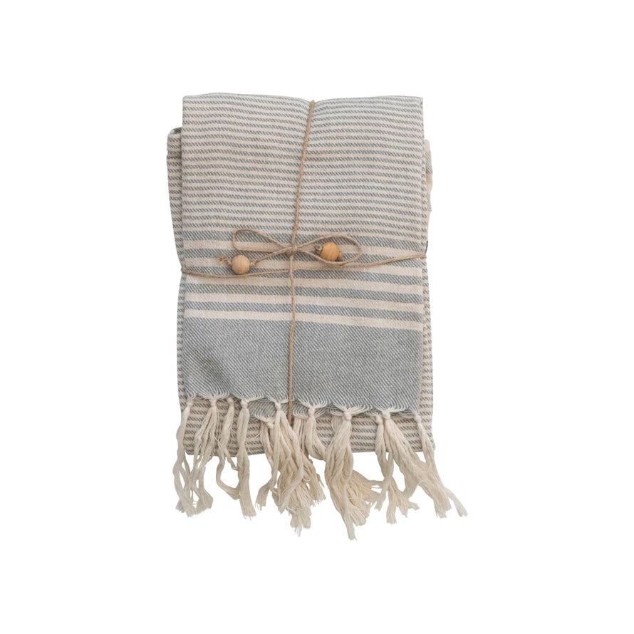 Woven Cotton Tea Towels w Strips/Juke Bead Tie