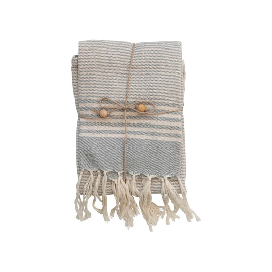 Woven Cotton Tea Towels w Strips/Juke Bead Tie