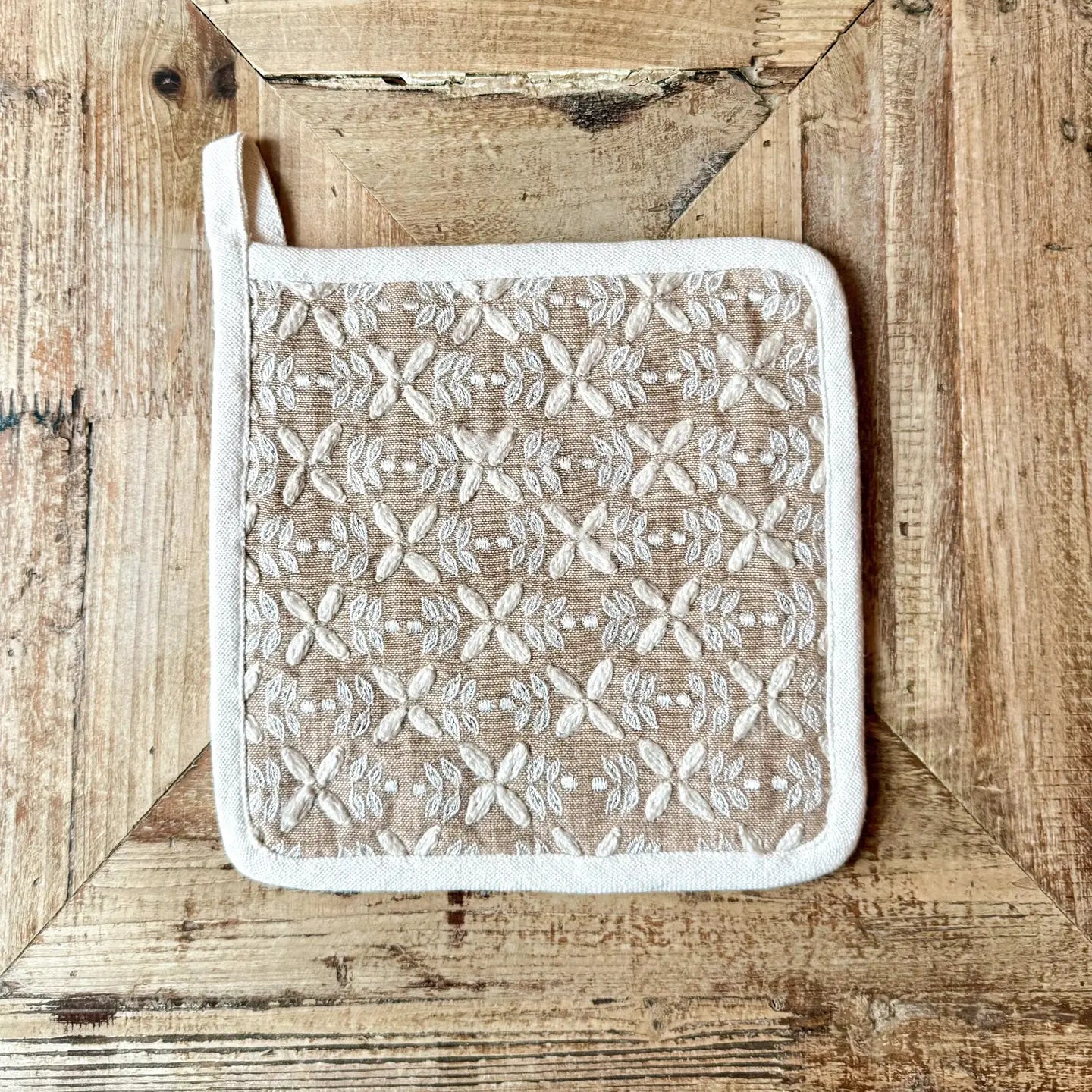 Natural Embroidered Pot Holder
